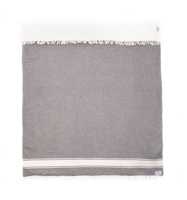 A gray blanket with two white stripes at the bottom, laid flat.